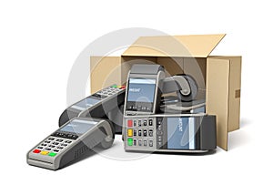 3d rendering of cardboard box lying sidelong with several point-of-sale terminals inside and outside.