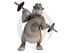 3D rendering of cartoon bear exercising with barbell.