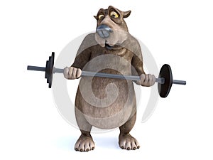 3D rendering of cartoon bear exercising with barbell.