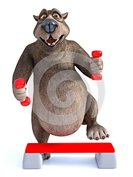 3D rendering of cartoon bear exercising with dumbbells.