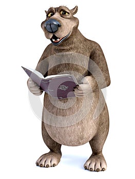 3D rendering of a cartoon bear reading a book.