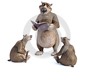 3D rendering of cartoon bears having a storytime.