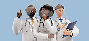 3d rendering, Cartoon character doctors, international team of healthcare professionals isolated on blue background. Medical