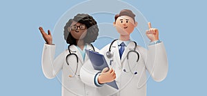 3d rendering. Cartoon character doctors woman and man, international team of healthcare professionals isolated on blue background