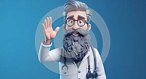 3d rendering, cartoon character smart trustworthy doctor with stethoscope wearing full beard showing welcoming gesture.