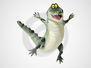 3D rendering of a cartoon crocodile jumping for joy.