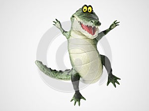 3D rendering of a cartoon crocodile jumping for joy.