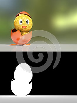 3d rendering cartoon of cute hatched little chick with cracked