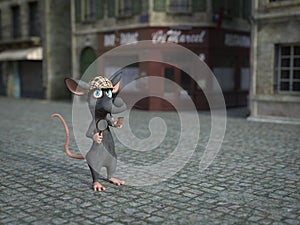 3D rendering of a cartoon detective mouse investigating a crime