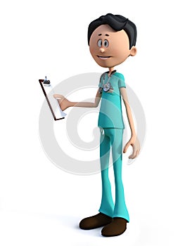 3D rendering of cartoon doctor holding a clipboard