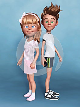 3D rendering of a cartoon girl and boy posing for the camera