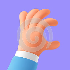 3D rendering of a cartoon hand. Holding hand of a character with an empty space between the fingers. Finger gesture. Realistic