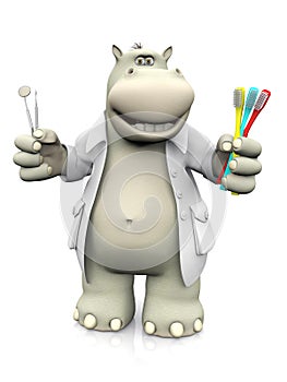 3D rendering of a cartoon hippo dentist holding toothbrushes.