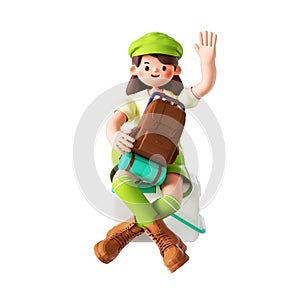 3D rendering of a cartoon illustration of an excited young girl with a backpack, ready to travel