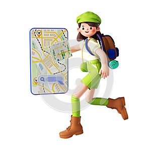3D rendering of a cartoon illustration of an excited young girl with a backpack, ready to travel