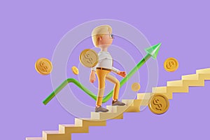 3d rendering. Cartoon man going up yellow ladder, falling coins and rising arrow