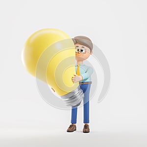 3d rendering. Cartoon man holding a big light bulb, idea and plan