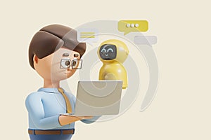 3d rendering. Cartoon man with laptop, robot texting information