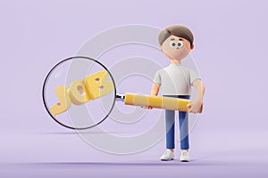 3d rendering. Cartoon man with magnifier looking for a job