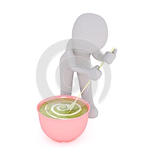 3D rendering of cartoon man stirring big bowl