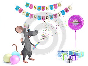3D rendering of a cartoon mouse celebrating with party popper