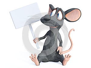 3D rendering of a cartoon mouse holding blank sign