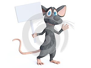 3D rendering of a cartoon mouse holding blank sign