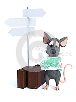 3D rendering of a cartoon mouse holding a map