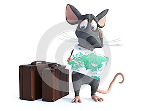 3D rendering of a cartoon mouse holding a map