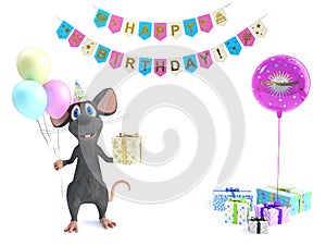 3D rendering of a cartoon mouse with party balloons and gifts