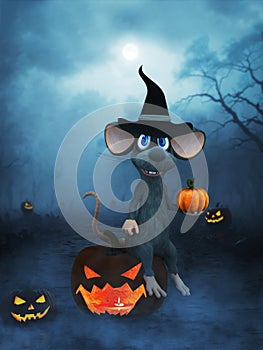 3D rendering of a cartoon mouse sitting on a carved pumpkin