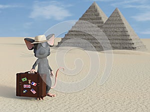 3D rendering of a cartoon mouse tourist in Egypt