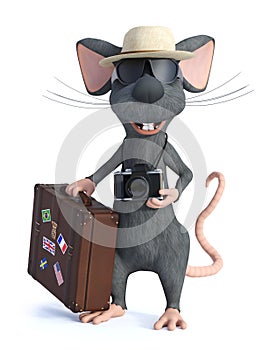 3D rendering of a cartoon mouse tourist holding travel suitcase