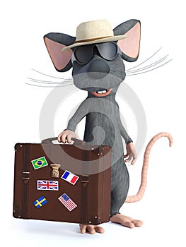 3D rendering of a cartoon mouse tourist holding travel suitcase