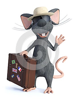 3D rendering of a cartoon mouse tourist holding travel suitcase