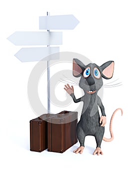 3D rendering of a cartoon mouse with travel suitcases