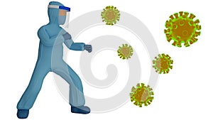 A 3D Rendering Cartoon Personal Protective Equipment Fights Against Viruses.