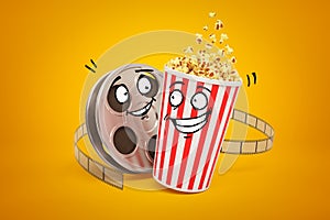 3d rendering of cartoon smiley popcorn bucket and film reel on yellow background