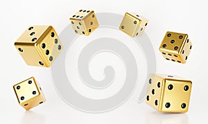 3D rendering of casino dice roll falling isolated on white background abstract. Bet, betting. Black and golden casino game. Luxury