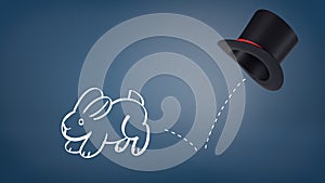 3d rendering of a chalk drawn rabbit jumps out of a magician`s hat leaving a dotted line as its trail on a blue