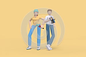 3D rendering character a guy with a video camera and a girl with a microphone. Abstract minimal concept. News gathering, sensation