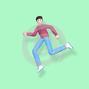 3D rendering character a young, happy, cheerful guy jumping and dancing on a green background. Abstract minimal concept youth,
