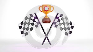 3D rendering of checker crossed flag pair, waving checker flags to crown a champion or the winner of a race on a white background