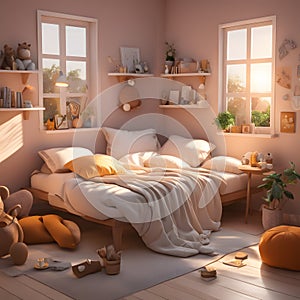 3d rendering of a children\'s bedroom interior in light colors.