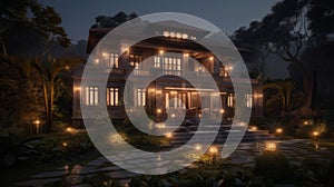 3D rendering of a Chinese traditional house in the garden at night