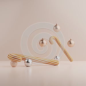 3d rendering. Christmas baubles with gold stripes on pastel background. Candy cane and balls