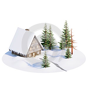 3D RENDERING OF CHRISTMAS HOUSE AND TREE TOY IN SNOW