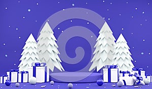 3D rendering Christmas ornaments and blue podium, 3d illustration snow and snowflake