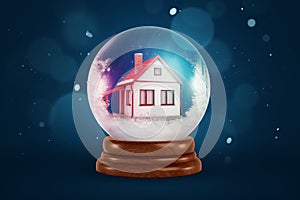 3d rendering of christmas snow globe with house inside on dark blue background