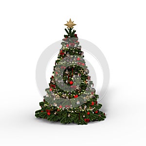 3D rendering of a Christmas tree decorated with baubles and tinsel with lights and a star on top isolated on a white background